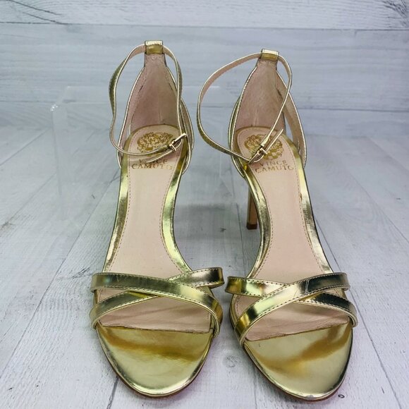 Vince Camuto CAMRON Ankle Strap Gold Leather Metallic High Heel Sandals Size 8 M - Picture 4 of 11